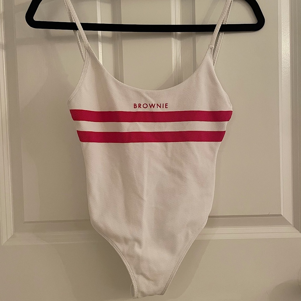 One Piece Swimsuit | White with Red Detail | Woven Fabric